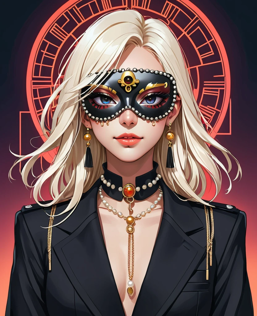 (Digital Illustration，Detailed anime style，Heavy Metal Cyberpunk，Pearl tassel eye mask，Portrait of girl wearing mask eye patch，Solitary，symmetry)，(Big colorful eyes，Fashionable and exquisite facial features，Exquisite makeup，Smooth skin，Smile，Soulful gaze，)，(Straight Hair，Hairpin)，(Black suit，Epaulettes-Chain，cool，)，(((Correct human anatomy)))