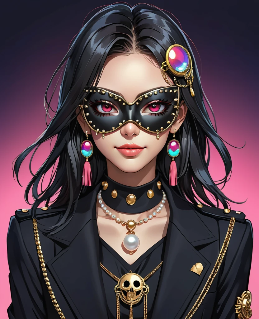 (Digital Illustration，Detailed anime style，Heavy Metal Cyberpunk，Pearl tassel eye mask，Portrait of girl wearing mask eye patch，Solitary，symmetry)，(Big colorful eyes，Fashionable and exquisite facial features，Exquisite makeup，Smooth skin，Smile，Soulful gaze，)，(Straight Hair，Hairpin)，(Black suit，Epaulettes-Chain，cool，)，(((Correct human anatomy)))