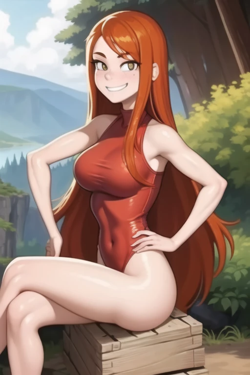 Wendigf, 1 girl, 21 years old, One, long hair, as a rescuer, in a red one-piece bikini, long legs, jewelry, Red hair, freckles, in Portrait, revealing clothes, bare hands, evil smile, is sitting