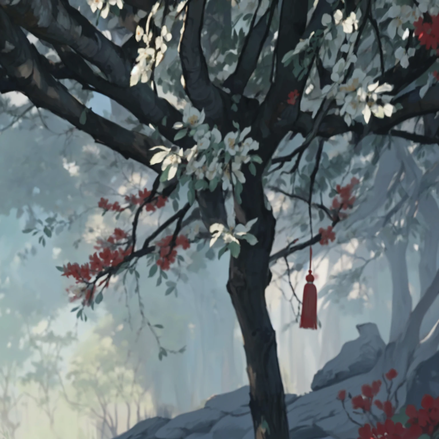 ((traditional Chinese art)),painting of a tree with red and white flowers in a park, onmyoji detailed art, detailed painting 4 k, makoto sinkai, stylized painting, inspired by Fenghua Zhong, environment painting, high detail digital painting, onmyoji, chinese painting style, painterly concept art, chinese watercolor style, inspired by Ryōhei Koiso