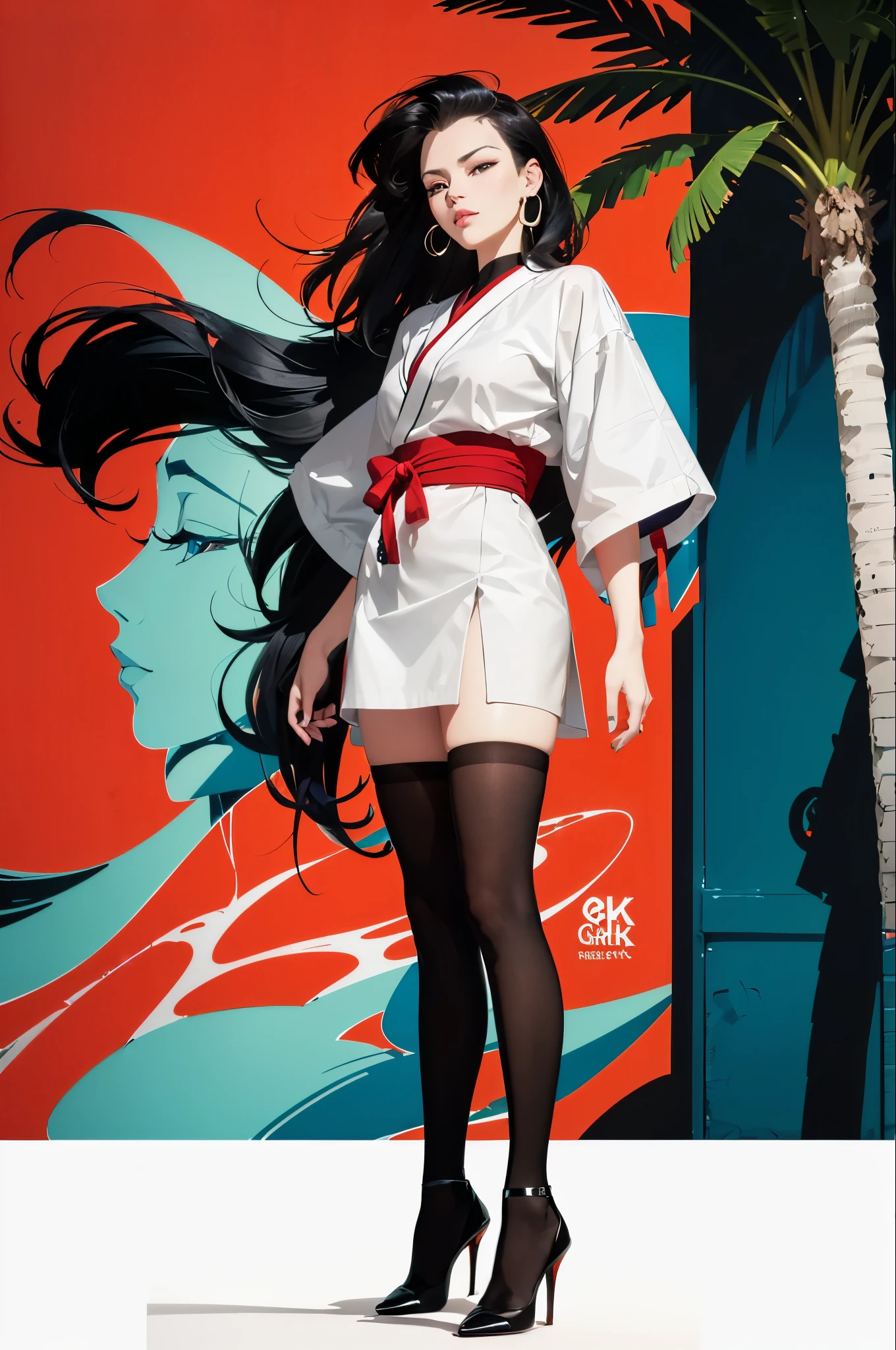 ((Art style by Patrick Nagel)), ((8k, wallpaper, detailed)), 2girls, korean popstar, thighhighs, high heels, long legs, black hair, pretty hands, fringe, full body, samurai sword, (multiple girls:1.4), simple red background, palm trees, (graffiti wall:1.2), muscular, strong, courageous, art by Patrick Nagel