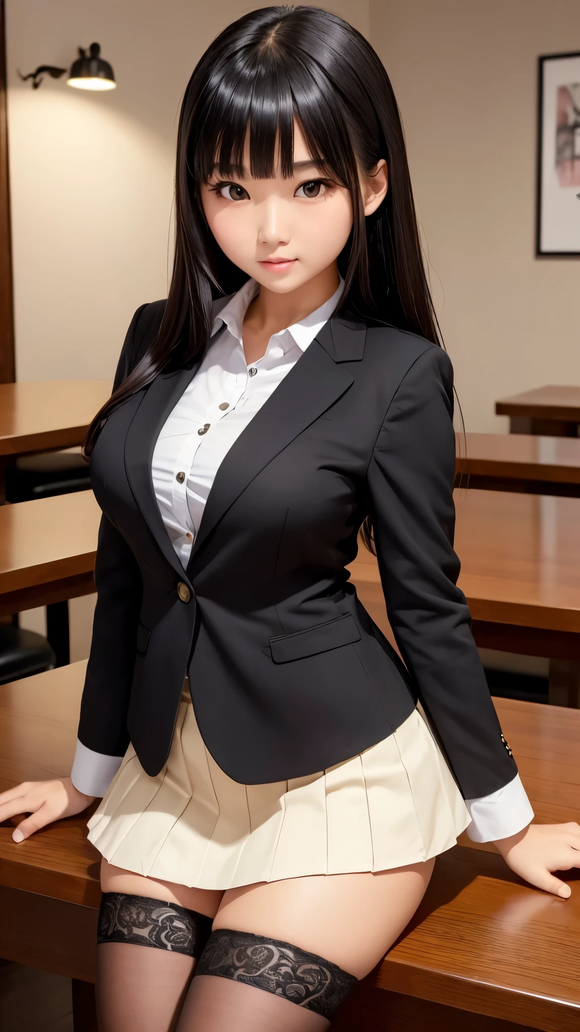 ((high quality)), ((Tabletop)), (Detailed face), (highlight),　Asian Girl、Big breasts、thigh、Black Hair、Heavy bangs、high school girl、skirt、blazer、