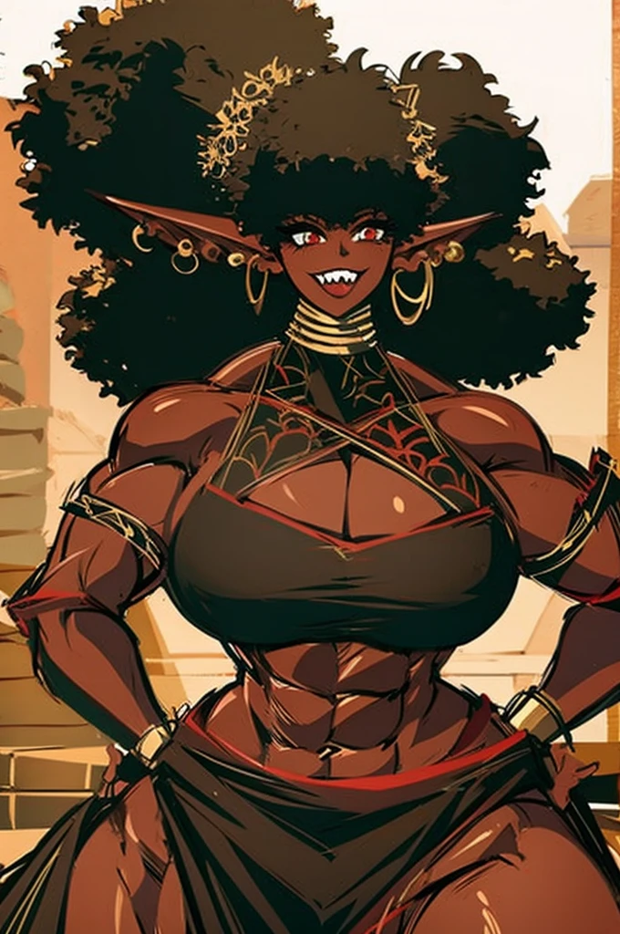 (masterpiece, best quality:1.2),1 girl, voluptuous body, full body, masterpiece, dominant pose, good anatomy, no extra limbs, big ass, thick thighs, black hair, voluminous afro, pointy ears, gold earrings, black top with red details, black skirt with red details, gold necklaces big ass wide hips mating press