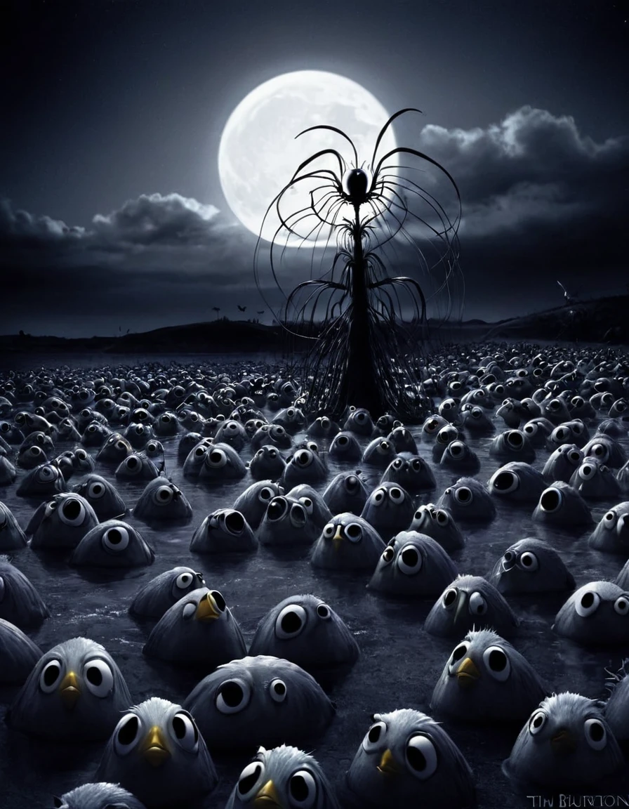 A nightmare dream, with fantastic animals, gatos, peces, insectos, escarabajos y patos, con el estilo de Tim Burton y el surrealismo.