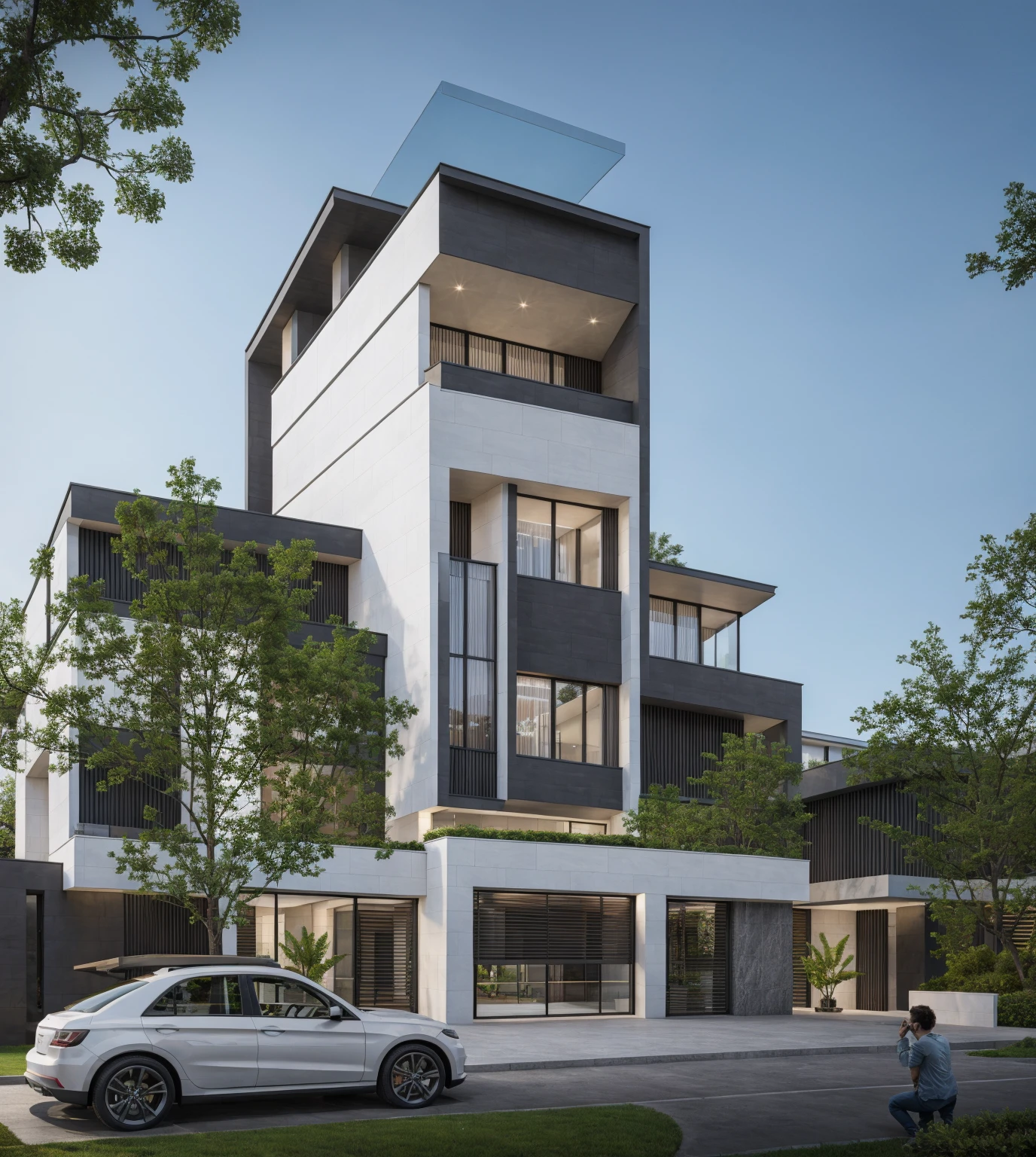 RAW photo, Exterior of two story white modern house, road, ((sidewalk)), ((sidewalk trees)), residences area, day time, tropical trees and plants, (high detailed:1.2), 8k uhd, dslr, soft lighting, high quality, film grain, Fujifilm XT3)