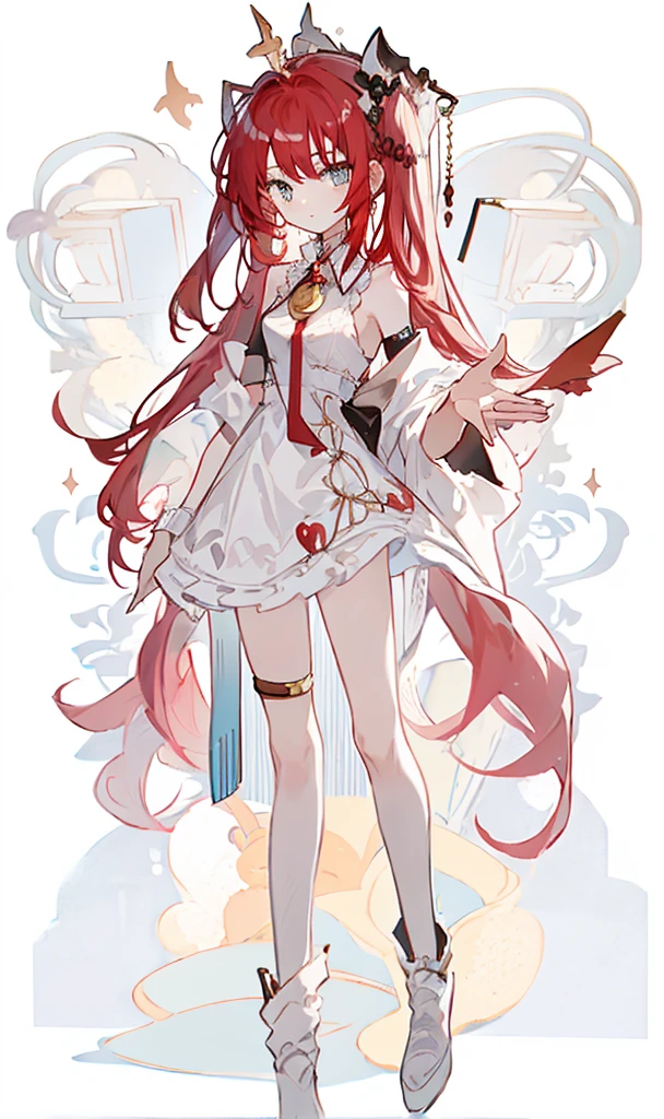 A girl，whole body，Standing picture，Character Design，Red Hair，apple，Complex headdress，Complex clothes