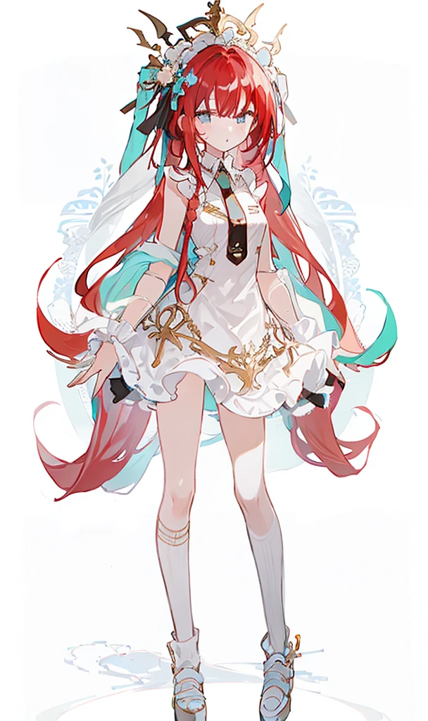 A girl，whole body，Standing picture，Character Design，Red Hair，apple，Complex headdress，Complex clothes