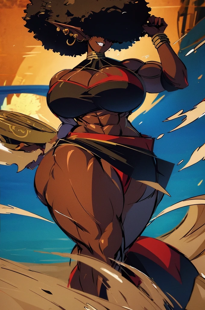 (masterpiece, best quality:1.2),1 girl, voluptuous body, full body, masterpiece, dominant pose, good anatomy, no extra limbs, big ass, thick thighs, black hair, voluminous afro, pointy ears, gold earrings, black top with red details, black skirt with red details, gold necklaces wide hips rear view