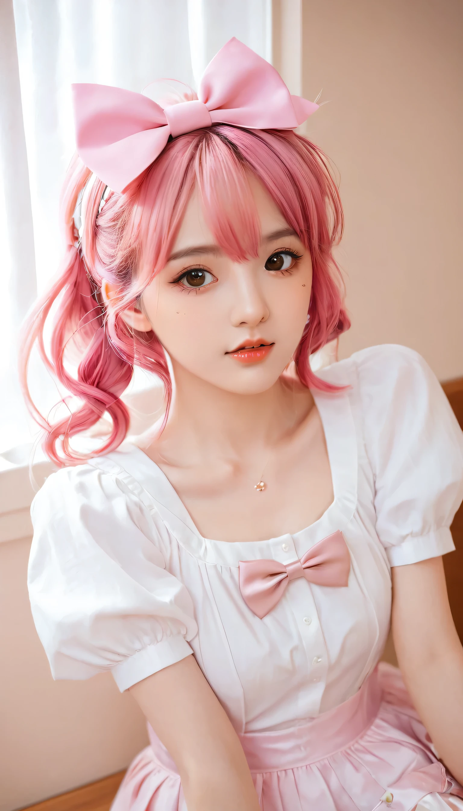 Pink Hair、Anime girl with a bow, Kawaii realistic portrait, Gu Weiss, Portrait of a magical girl, Lovely characters, Lovely art style, Anime cute art style, Maple Story Character Art, Lovely portrait, Cute anime girl portrait, Portrait of a little person, artwork in the style of Gu Weiss, Ink art anime loli