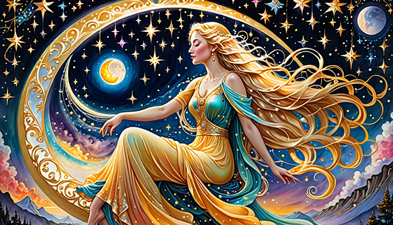 A luminous ethereal mythical woman, her flowing golden locks cascading down her shoulders, gracefully perched atop a melting crescent moon, where stars gleam and twinkle like celestial jewels in her outstretched hand. This exquisite scene is captured in a mesmerizing painting, with vibrant colors that radiate warmth and magic. The woman's serene expression exudes otherworldly beauty, bringing a sense of tranquil wonder to the viewer. The intricate details and masterful brushwork make this image a breathtaking work of art that transcends reality.