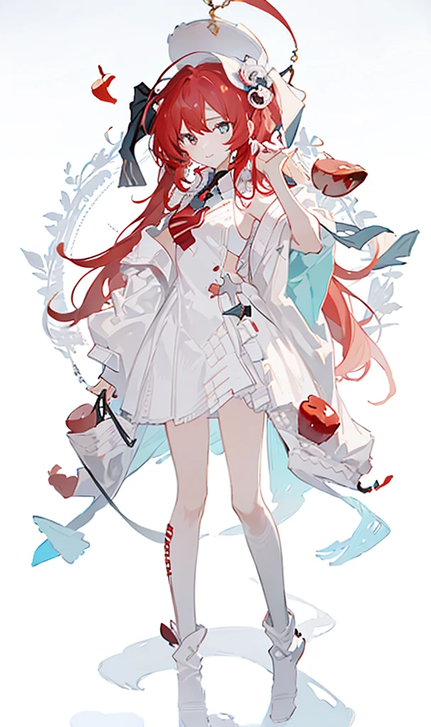 A girl，whole body，Standing picture，Character Design，Red Hair，apple，Complex headdress，Complex clothes