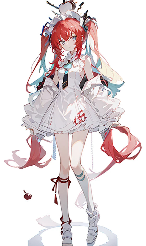 A girl，whole body，Standing picture，Character Design，Red Hair，apple，Complex headdress，Complex clothes