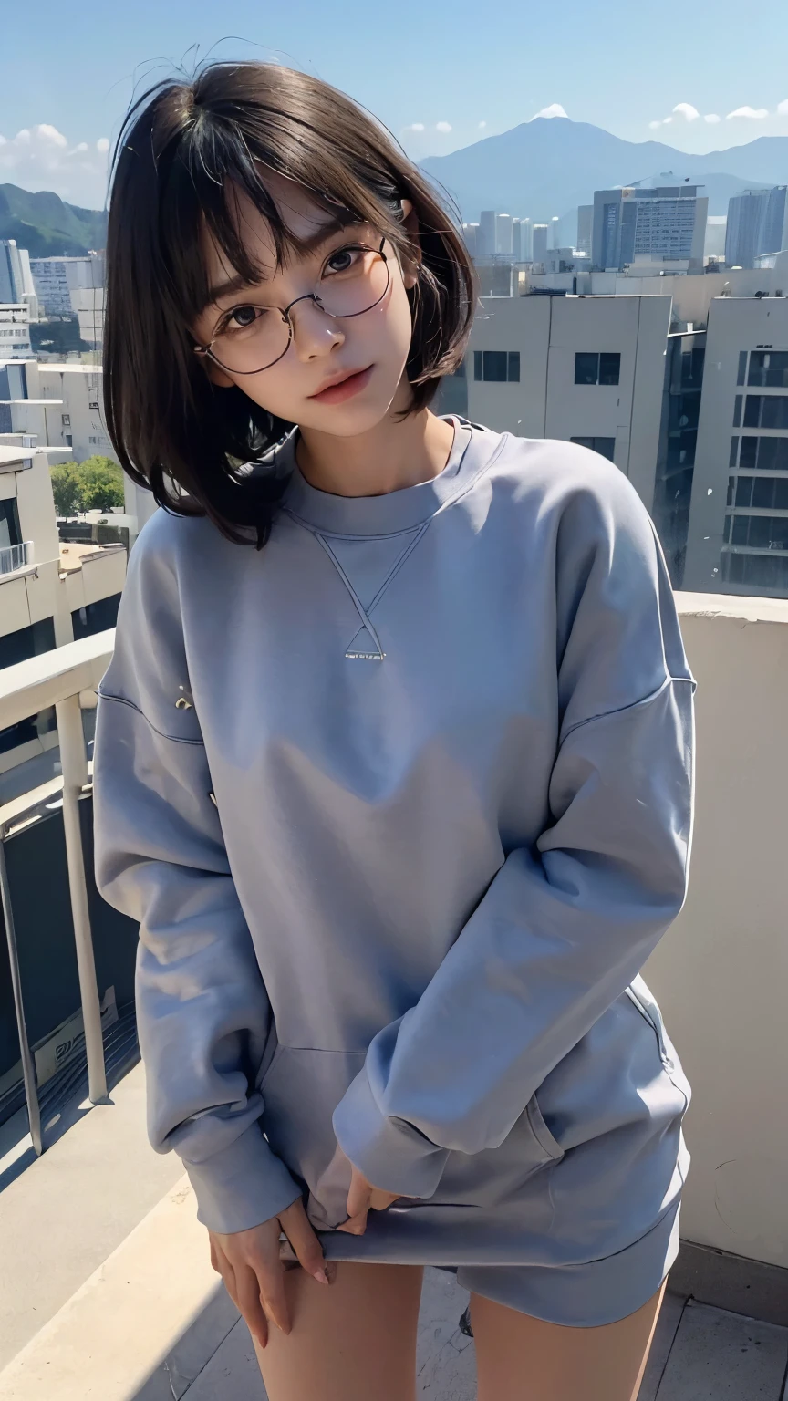 (((Backwards:2.0))), (((Clothing:2.0, Long sweatshirt:2.0))), ((Composition from the thighs up:1.8)), ((Balcony of a Japanese apartment:2.0)), ((Clothing:2.0, Long sweatshirt:2.0, The lower half is naked:2.0, Glasses:1.8)), ((Smile, short hair:1.5, Small breasts:1.5, slender:1.5, Small Ass:1.5)), ((Japanese, 1 Girl, 18-year-old, 7 heads, Ideal body proportions, Black Hair, With bangs, Small breasts, Erect nipples, slender, Small Ass, Beautiful feet, Skinny Legs)), Surrealism, Cinematic Lighting, Depth of written boundary, First Person View, Boobs F/1.8, 135mm, Ticker, Mastepiece, Curate, ((Anatomically correct:1.3)), Textured skin, Super Detail, High detail, High quality, Awards, Best Quality, High resolution, 8k
