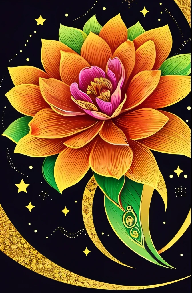 a bouquet of flowers with a crescent and stars on a black background, glowing flowers, 🌺 cgsociety, flowers and gold, floral sunset, night sky full of flowers, magical flowers, floral growth, celestial red flowers vibe, floral!, jen bartel, floral environment, nature and floral aesthetics, floral! intricate, gilded. floral, luminous flowers, #pixelart, # pixelart