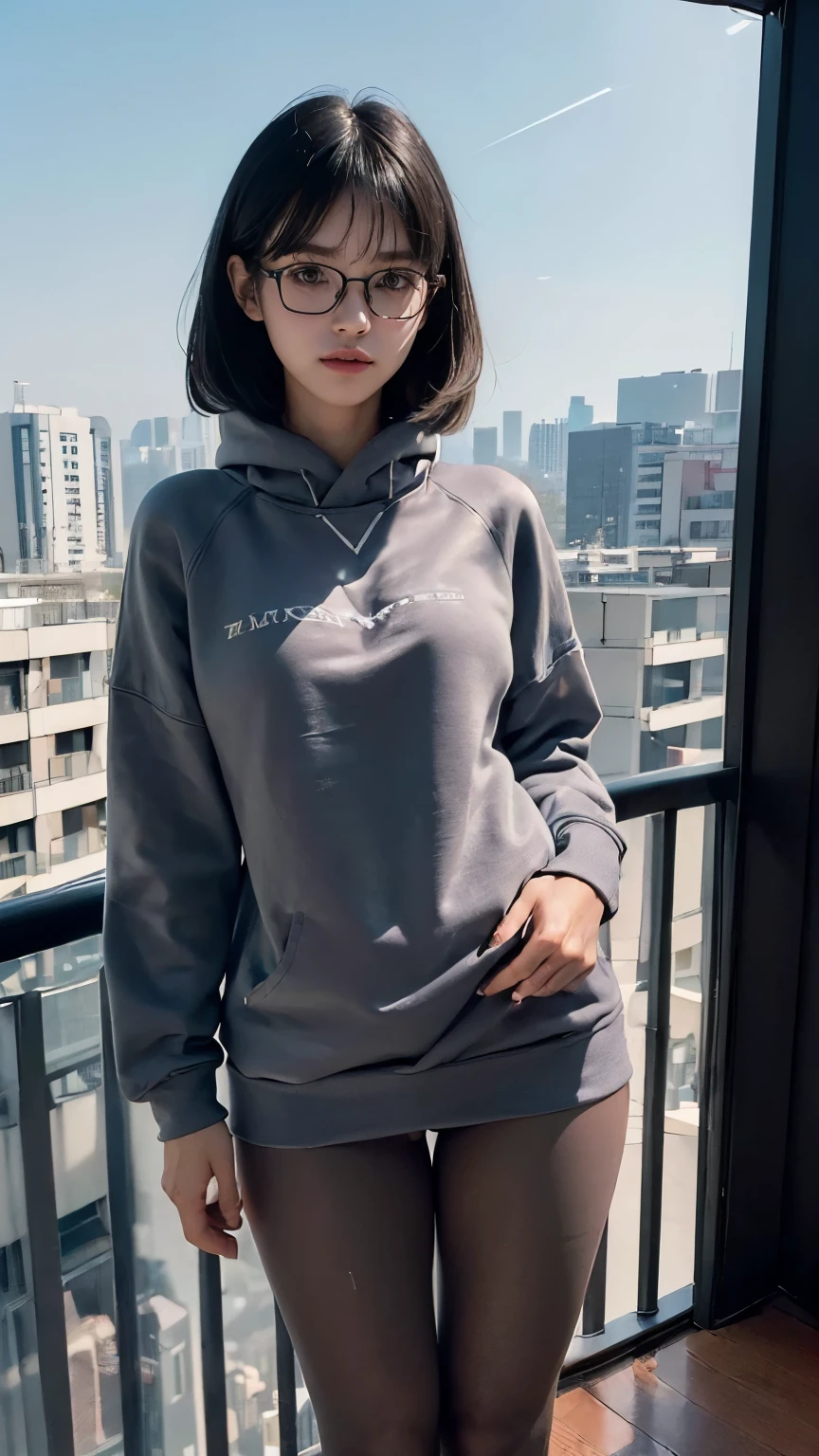 (((Backwards:2.0))), (((Clothing:2.0, Long sweatshirt:2.0))), ((Composition from the thighs up:1.8)), ((Balcony of a Japanese apartment:2.0)), ((Clothing:2.0, Long sweatshirt:2.0, The lower half is naked:2.0, Glasses:1.8)), ((Smile, short hair:1.5, Small breasts:1.5, slender:1.5, Small Ass:1.5)), ((Japanese, 1 Girl, 18-year-old, 7 heads, Ideal body proportions, Black Hair, With bangs, Small breasts, Erect nipples, slender, Small Ass, Beautiful feet, Skinny Legs)), Surrealism, Cinematic Lighting, Depth of written boundary, First Person View, Boobs F/1.8, 135mm, Ticker, Mastepiece, Curate, ((Anatomically correct:1.3)), Textured skin, Super Detail, High detail, High quality, Awards, Best Quality, High resolution, 8k