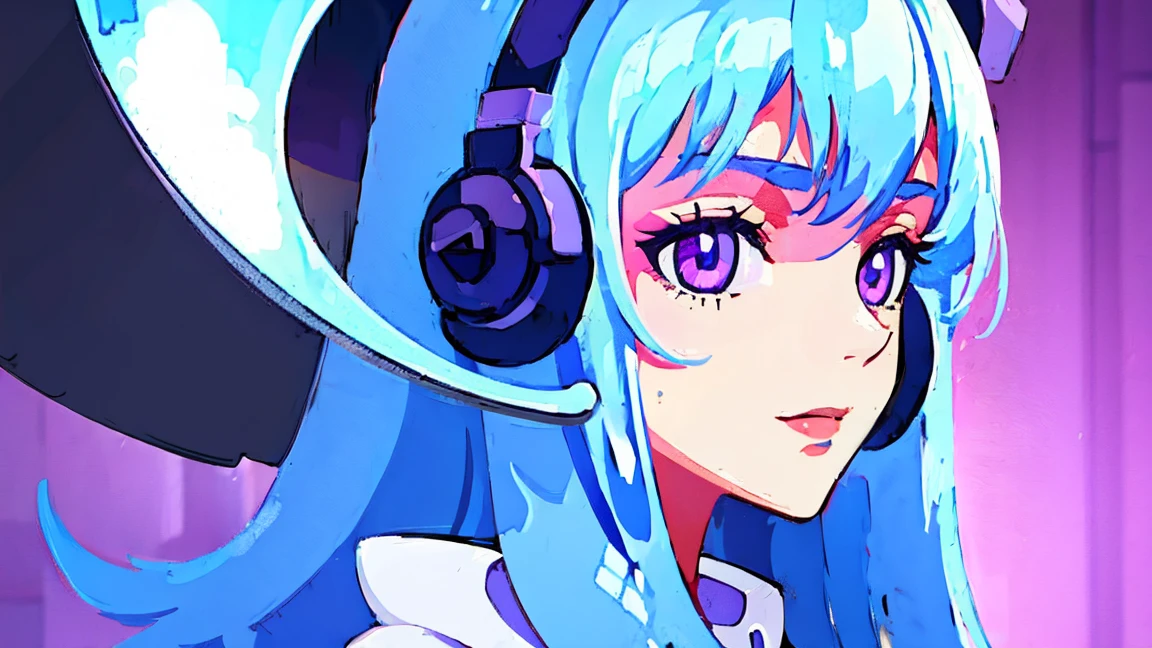 a cute anime girl wearing headphones and holding a portable music player, purple background, beautiful detailed eyes, beautiful detailed lips, extremely detailed face and hair, long eyelashes, elegant, peaceful expression, studio lighting, 8k, high quality, digital painting, vibrant colors, soft lighting, dreamy atmosphere