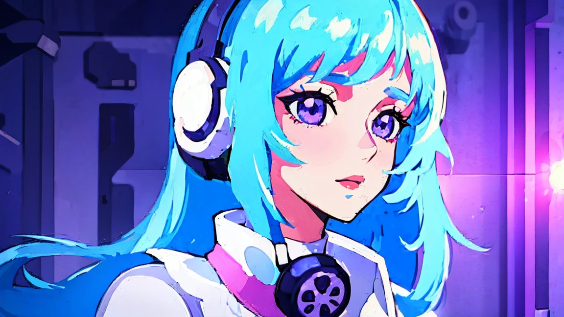 a cute anime girl wearing headphones and holding a portable music player, purple background, beautiful detailed eyes, beautiful detailed lips, extremely detailed face and hair, long eyelashes, elegant, peaceful expression, studio lighting, 8k, high quality, digital painting, vibrant colors, soft lighting, dreamy atmosphere