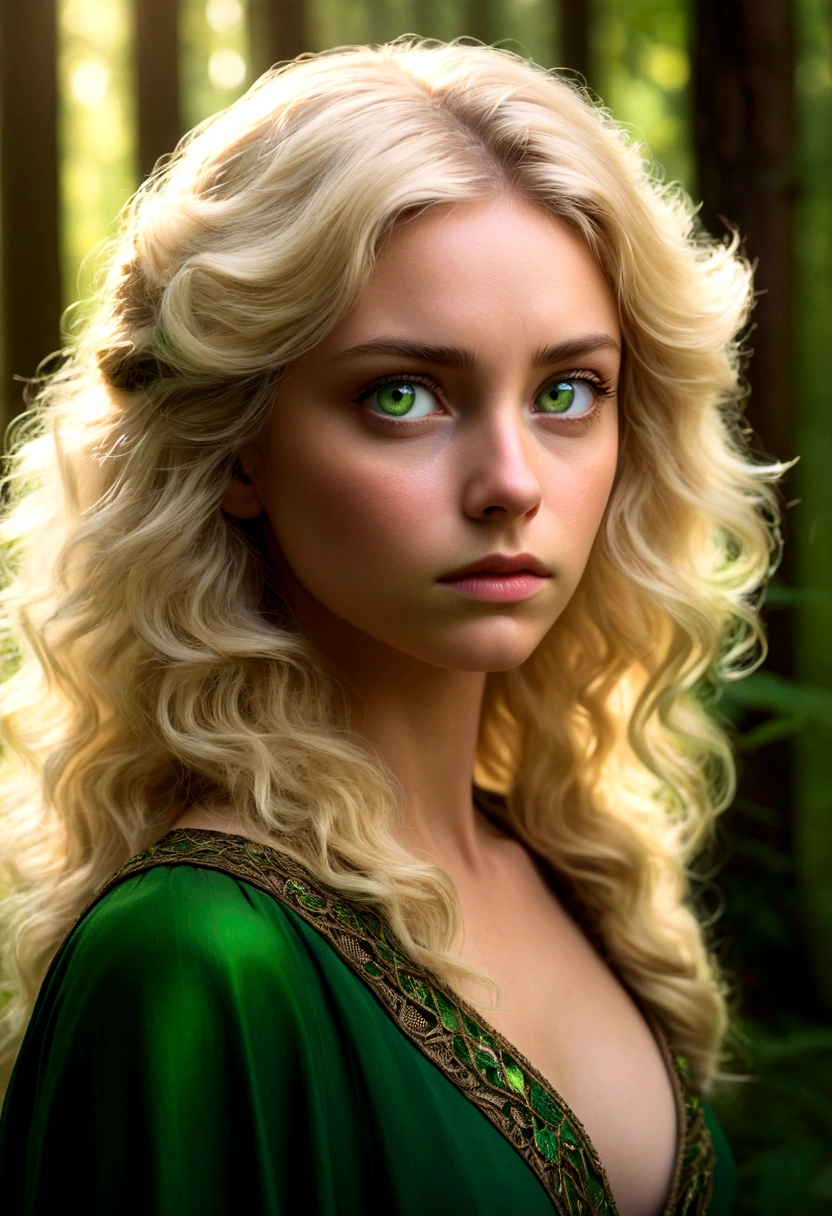 A woman with fluffy blonde hair and green eyes stands silently in a forest