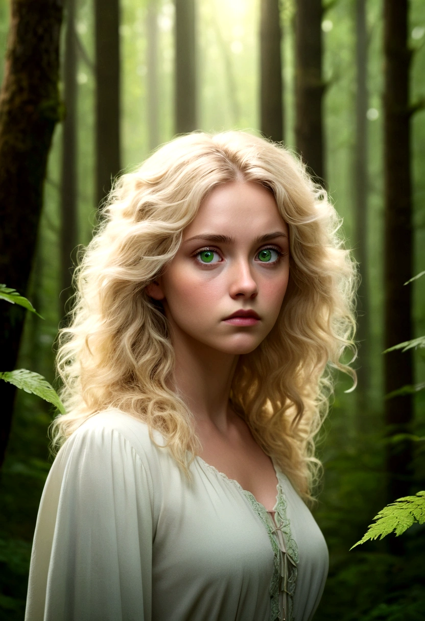 A woman with fluffy blonde hair and green eyes stands silently in a forest