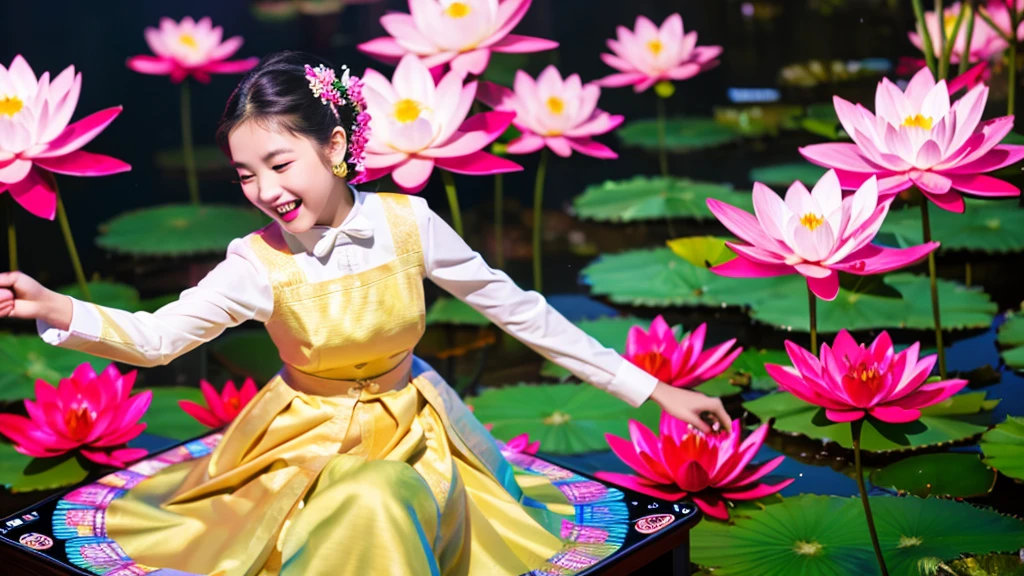 create a charming image captures a beautiful girl , in pristine traditional attire, joyfully dancing to rock and roll music, his face beaming with happiness. The scene is depicted on a smartphone screen in vivid 4D, showcasing a serene river and vibrant red lotus flowers. The phone rests flat on a table, illuminated by two golden lights, presenting clear and contrasting full HD visuals. Ultra HD 64k