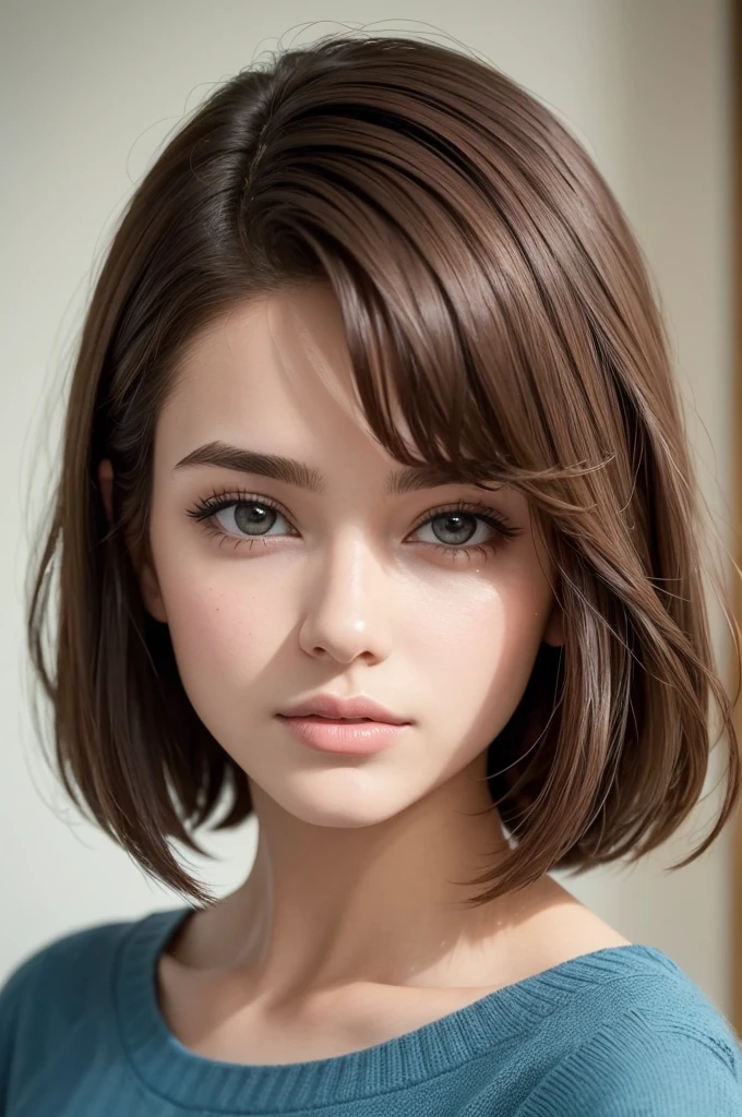 ((best quality)), ((masterpiece)), (detailed), perfect face uma mulher de 21 anos, cabelos andulados no corte micro bob com partilha, cor de cabelo marrom escuro.