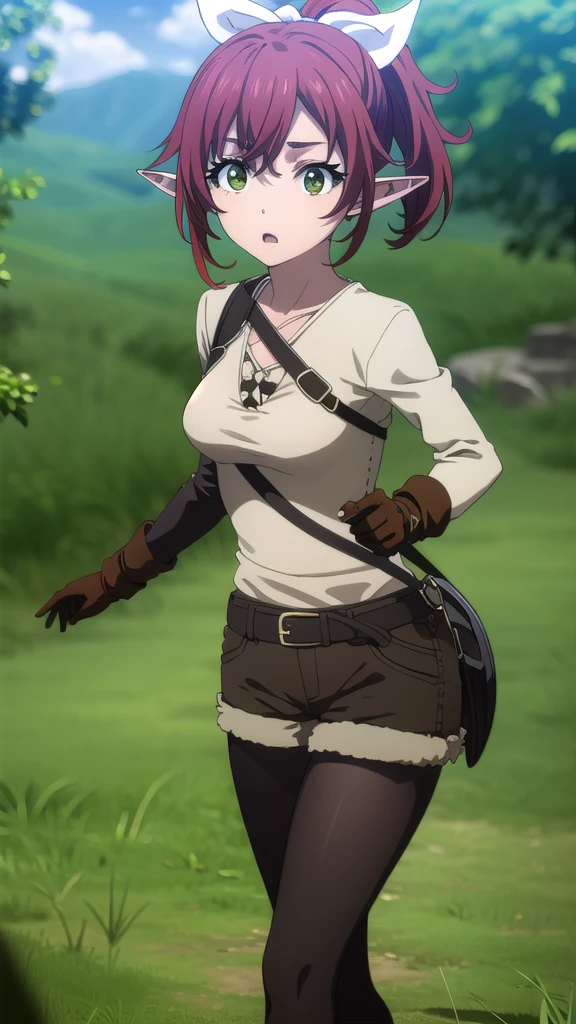 rheafighter, rhea fighter, (green eyes:1.5), hair ribbon, ponytail, red hair, pointy ears, elf, white bow, white ribbon, ribbon,
BREAK gloves, bow, pantyhose, shorts, belt, armor, black pantyhose, fur trim, short shorts, brown gloves, toeless legwear, legwear under shorts, brown shorts,
BREAK outdoors, forest, grass, nature, sky, cloud, sun,
BREAK looking at viewer, (cowboy shot:1.5),
BREAK (masterpiece:1.2), best quality, high resolution, unity 8k wallpaper, (illustration:0.8), (beautiful detailed eyes:1.6), extremely detailed face, perfect lighting, extremely detailed CG, (perfect hands, perfect anatomy),