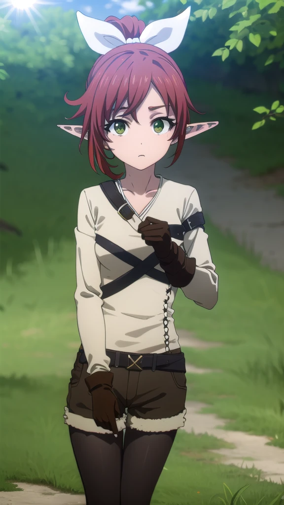 rheafighter, rhea fighter, (green eyes:1.5), hair ribbon, ponytail, red hair, pointy ears, elf, white bow, white ribbon, ribbon,
BREAK gloves, bow, pantyhose, shorts, belt, armor, black pantyhose, fur trim, short shorts, brown gloves, toeless legwear, legwear under shorts, brown shorts,
BREAK outdoors, forest, grass, nature, sky, cloud, sun,
BREAK looking at viewer, (cowboy shot:1.5),
BREAK (masterpiece:1.2), best quality, high resolution, unity 8k wallpaper, (illustration:0.8), (beautiful detailed eyes:1.6), extremely detailed face, perfect lighting, extremely detailed CG, (perfect hands, perfect anatomy),