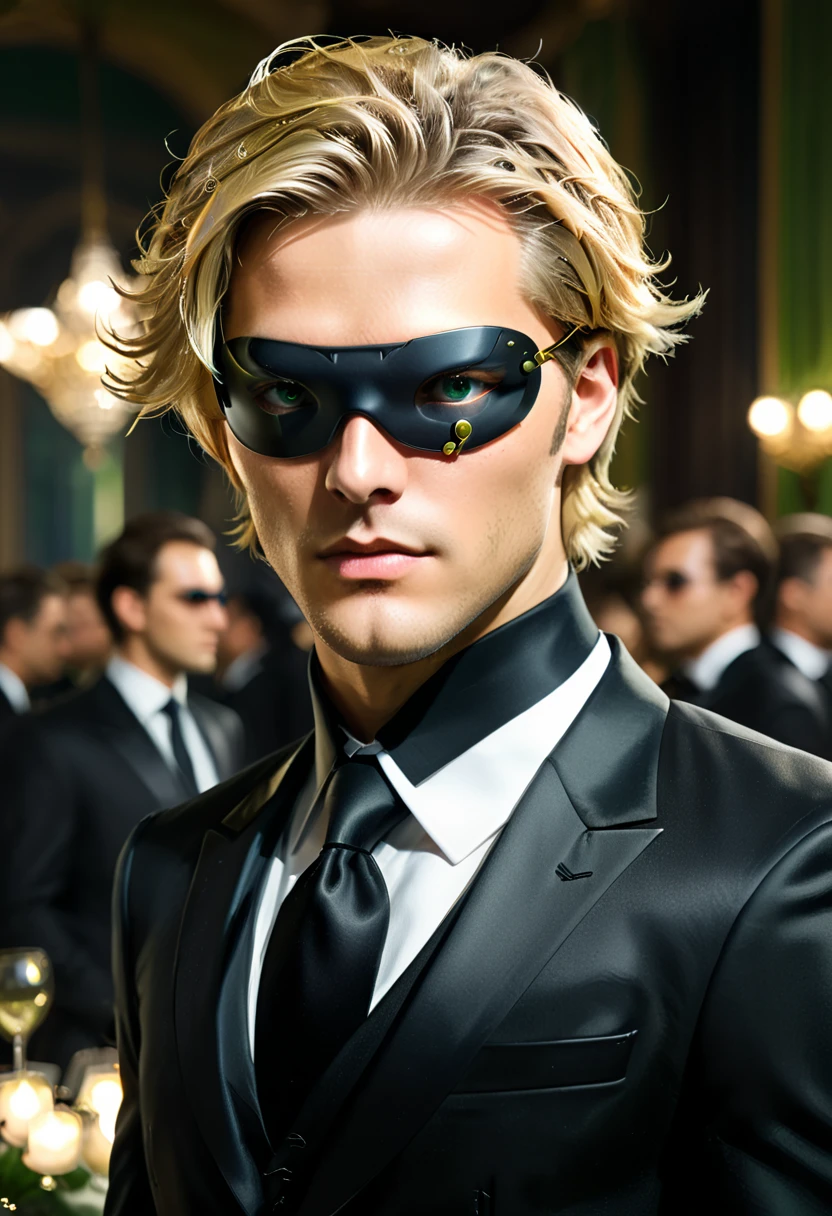 Arafed a picture of a human male spy, wearing dark suit, wearing ((mecha eye patch)), ((eye patch covering only one eye: 1.5))exquisite beautiful male, blond hair, short crop hair, green eyes, eye patch has intricate mechanical part in it, high society gala event background, (Masterpiece: 1.5), 16k, highres, best quality, high details, ultra detailed, masterpiece, best quality, (extremely detailed),