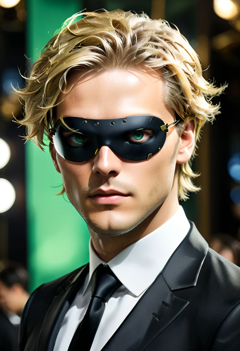 Arafed a picture of a human male spy, wearing dark suit, wearing ((mecha eye patch)), ((eye patch covering only one eye: 1.5))exquisite beautiful male, blond hair, short crop hair, green eyes, eye patch has intricate mechanical part in it, high society gala event background, (Masterpiece: 1.5), 16k, highres, best quality, high details, ultra detailed, masterpiece, best quality, (extremely detailed), 