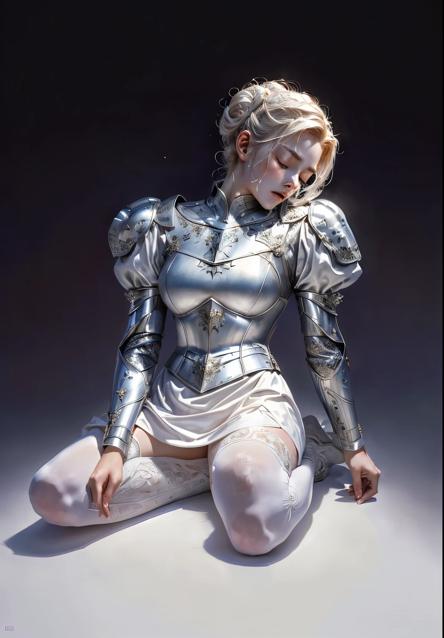 masterpiece, best quality photo, a beautiful 25 years old princess knight is dead and sitting on floor, defeated female knight, sitting on floor, (engraved medieval armor on top), (renaissance inspired puff sleeve), (silk dress under armor), mini_skirt, full length white pantyhose, (detailed facial expression; most beautiful face, pale, dead, terrified and scared, closed eyes:1.2), matted bun hair, (blood splatted on armor) slim body, medium large breast