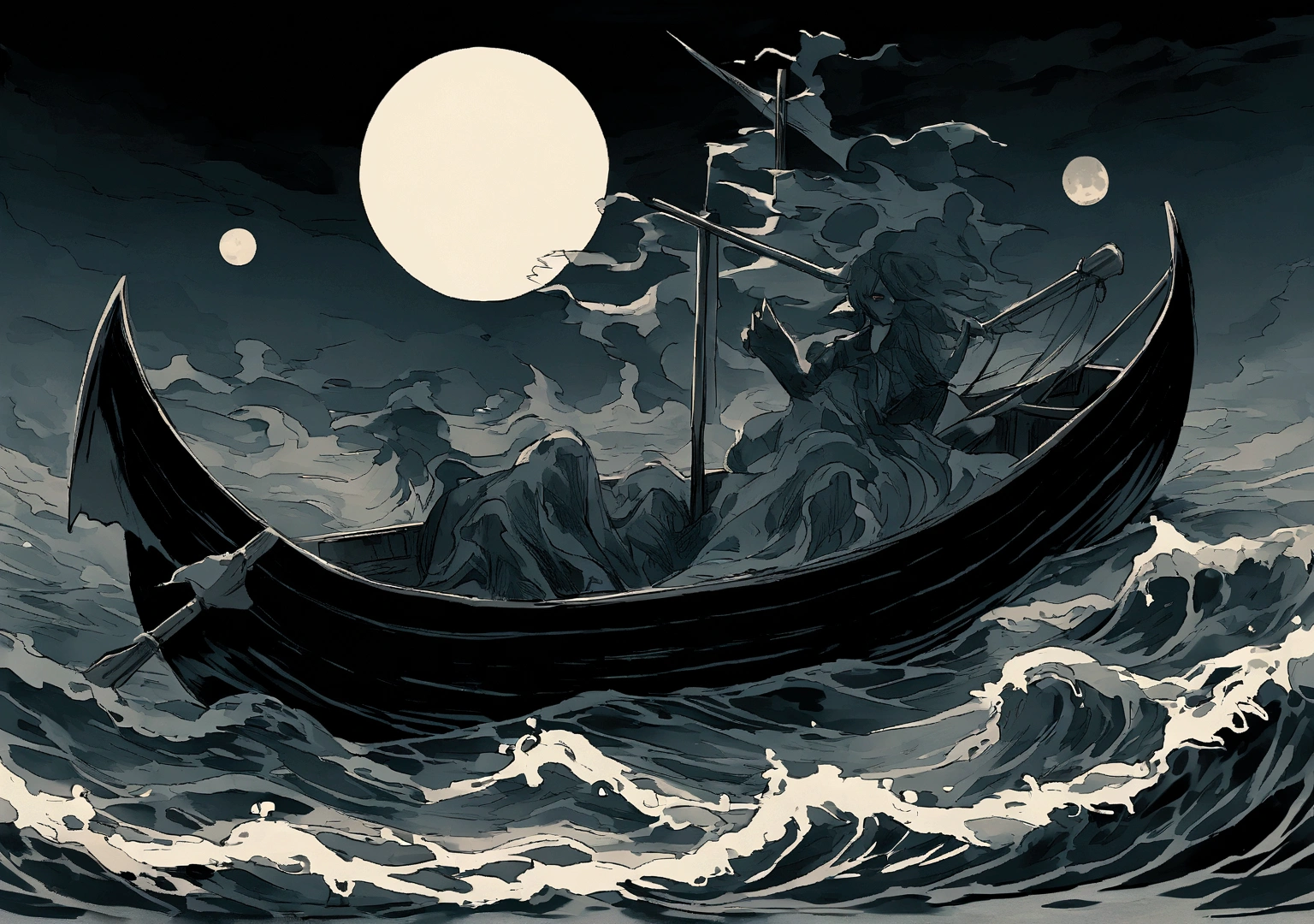 In the dark night,Vast ocean,Alone in the boat,Backwards、Eyes staring at the bright moon。Paddling oars、Rough seas、