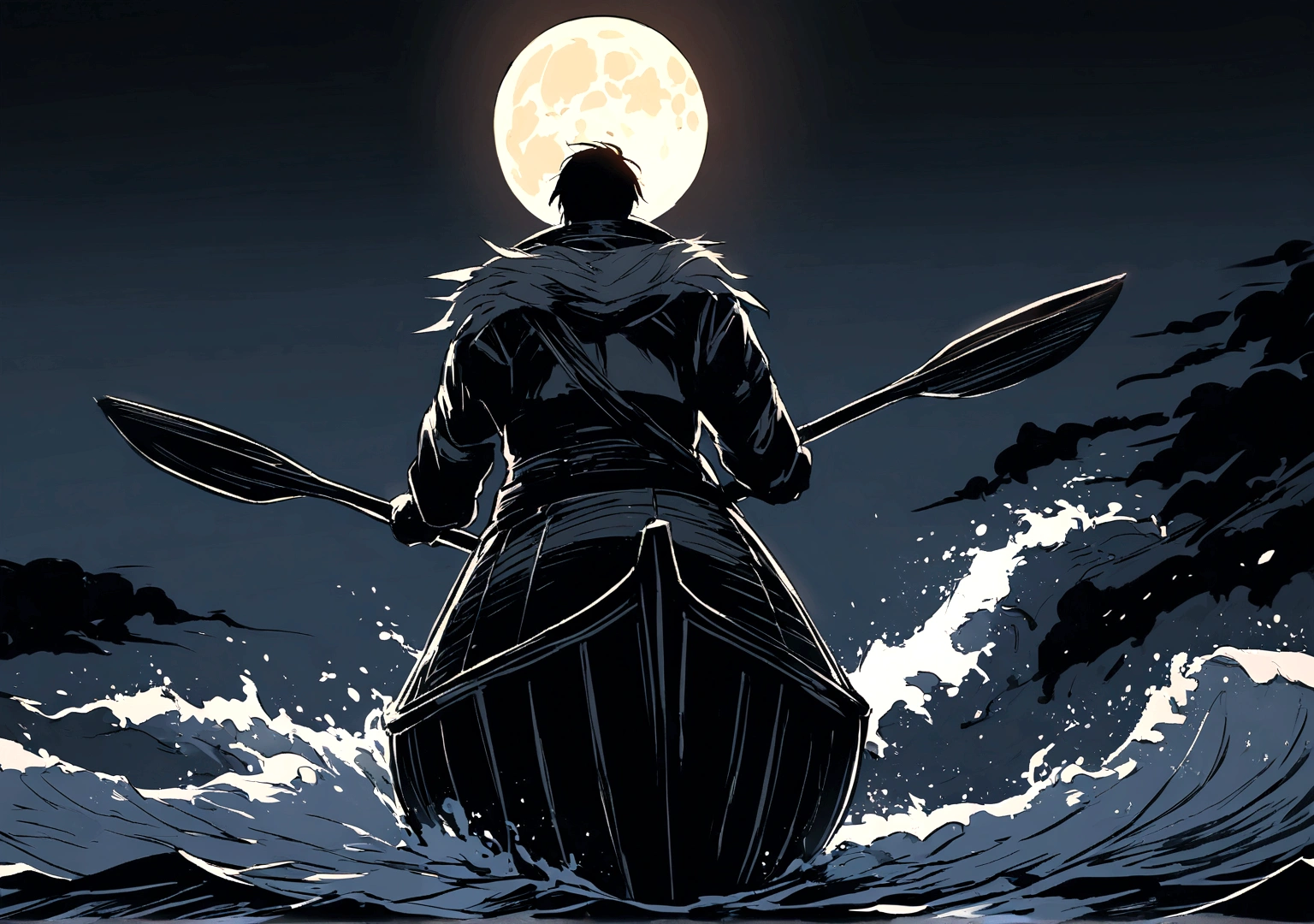In the dark night,Vast ocean,Alone in the boat,Backwards、Eyes staring at the bright moon。Paddling oars、Rough seas、