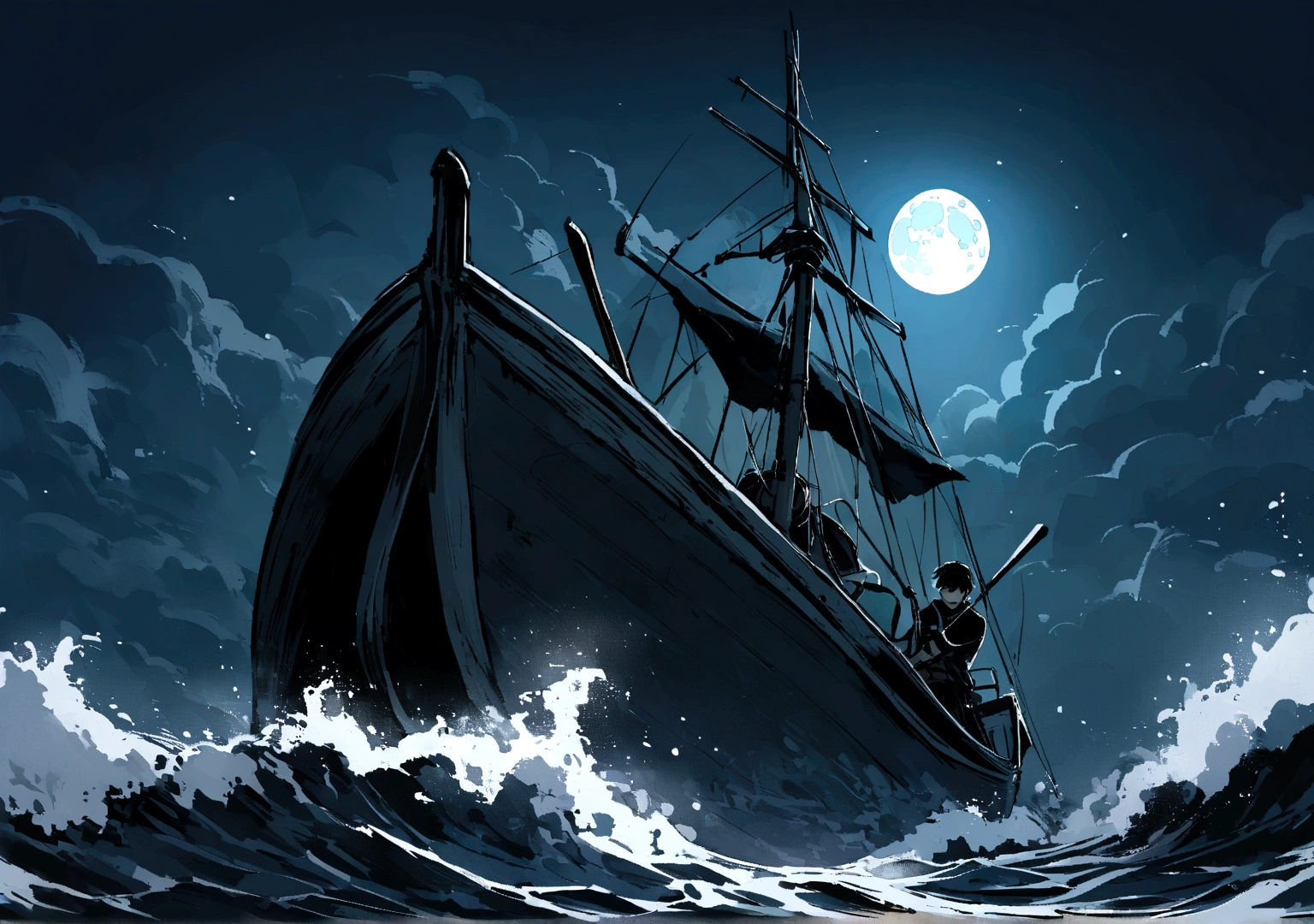 In the dark night，Vast ocean，Alone in the boat，Backwards、Eyes staring at the bright moon。Paddling oars、Rough seas、