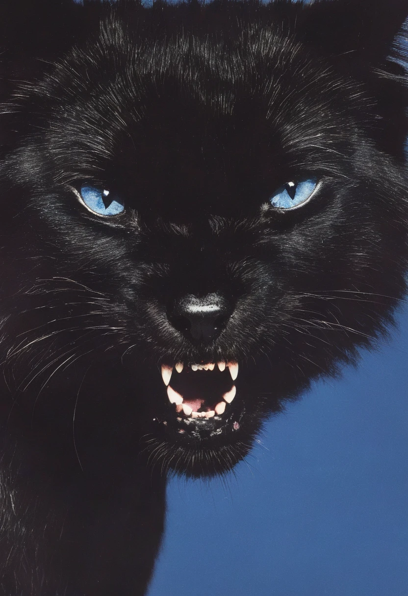 fashion photography, giant angry black  human cat, blue background