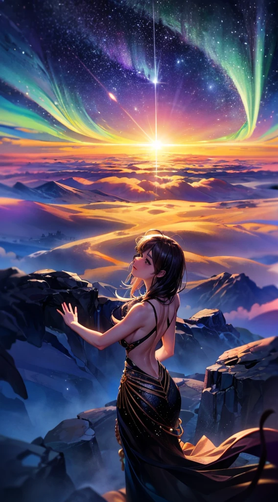 When the sun sets below the horizon, The world falls into darkness, And above the clouds, A breathtaking panorama unfolds. The velvety night sky becomes a celestial tapestry, Countless Stars々Bright and vibrant. The Milky Way stretches across the sky like a river of stars, Weaving through the distant constellations.
Blake on the rolling clouds, Lonely clouds float, Provide a platform for young girls to stand. Her figure,A cat beside, Silhouetted against a space background, Creates a sense of quiet contemplation. Her delicate figure is framed by a cascade of flowing hair., Gently swaying in the mystical wind that shakes the heavens.
Intermission With back to the audience, Girl looks up, Her eyes were filled with wonder and awe.. Her outstretched arms are、This suggests that he may be mesmerized by the celestial ballet unfolding before his eyes.。. The stars shine brightly, Casting an enchanting glow on the clouds below.
Blake on top of the girl, Celestial phenomena light up the sky. A meteor shower crosses the sky, Leaving a trail of brilliant light. Nebulae and galaxies, A symphony of colours swirls, create an enchanting backdrop for her fantasies. The aurora dances with fantastic beauty, Brilliant ribbons of light illuminate the night sky with a kaleidoscope of celestial colors.
Blake in this enchanting scene, The girl on the cloud becomes a conduit between the earth and the heavens..