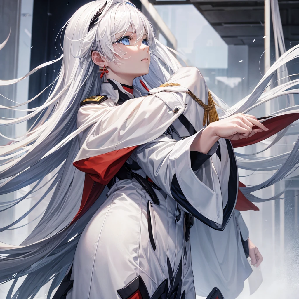 White hair, blue eyes, beautiful female, white military uniform