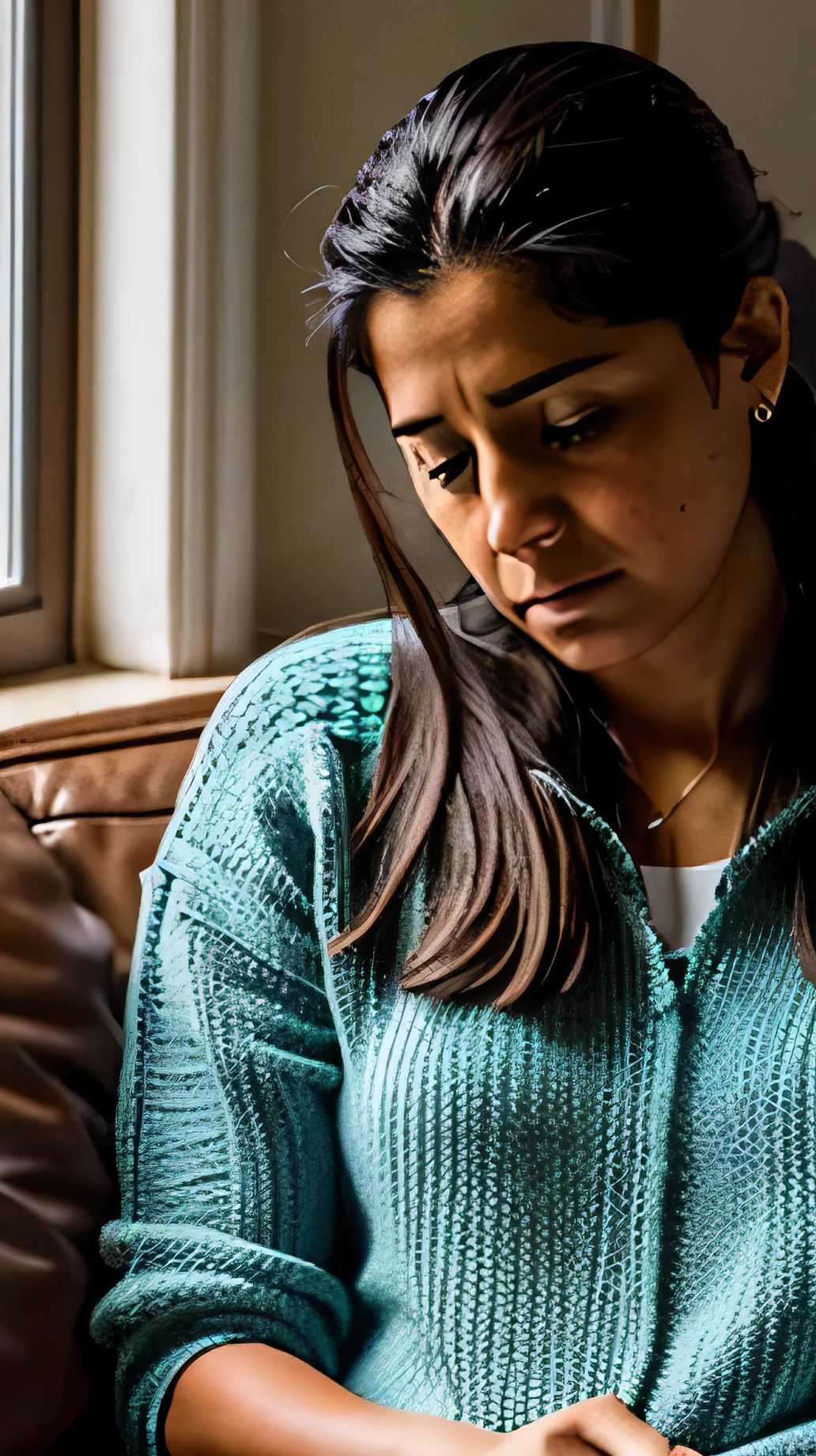 genera la imagen para el Panel 1
Escena: Una sala de estar.
Texto: (Narrador) "Ana and Marcos have been in a relationship for five years, but lately they have been having problems..."
Imagen: Ana is looking at her phone with a worried expression. Marcos is sitting next to him, looking at her out of the corner of his eye with jealousy.