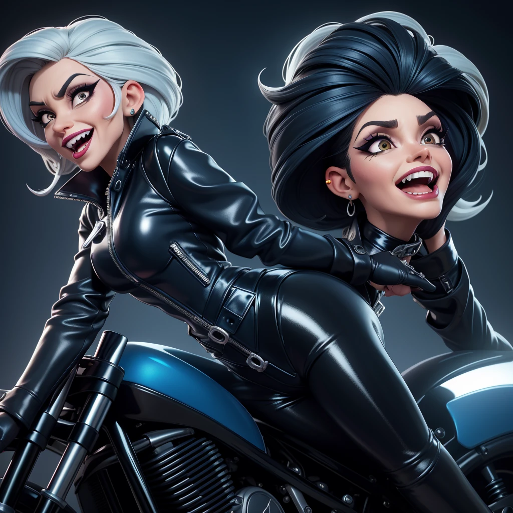obra prima, melhor qualidade, (cruella deville, ilhan omar, vamp 70yo face wrinkles,) head back, sassy wicked girl, big toothy smile, open mouth, maniacal, extreme, thick smoky black eye shadow, long fake eyelashes, raven black mullet hair, ((metallic blue pvc biker jacket and pants,)) with studs zippers snaps, shiny leather gloves, body is skinny, riding motorcycles, shiny tight buttocks, dazzle, pinup, exaggerated selfie, ?????????, camera view of whole body, looking up at me, shallow depth of field, highres, HD, 8k, anatomically correct