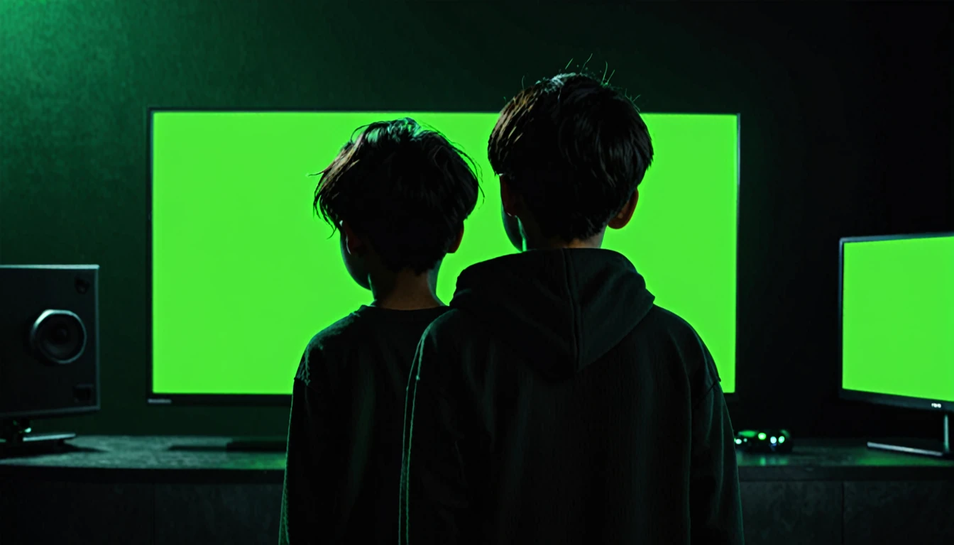 Mysterious dark boy back side watching green screen in TV background too dark side view 