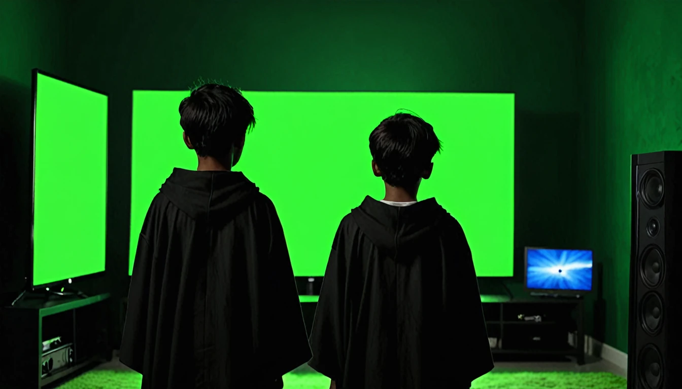 Mysterious dark boy back side watching green screen in TV background too dark side view