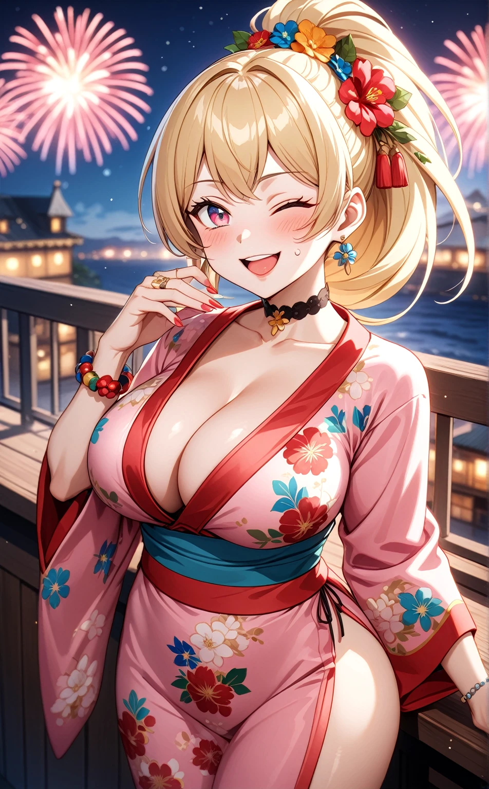 One personの女性)), Beautiful Face,Laughing embarrassedly,((Wink:2.2)),Laugh with your mouth wide open,((Bright red cheeks:1.4)),Glossy pink lips,night,rooftop,Festive decorations,You can see the ocean, firework,Glossy pink lips,Lighting on the face,((Anime style background)),masterpiece, Highest quality, so beautiful, Latest, Complex details, (Pink long nails),(ring),(flower bracelet),Floral choker,AI-generated, Complex,High resolution, Highest quality, super high quality,3D Images、View your viewers、3D Images,One person,Long blonde hair,High Ponytail,Turquoise Eyes,Anime woman posing for a photo, (Fine grain,Colorful eyes,Shining Eyes:1.3),(Squint your eyes:1.1),a hyperRealistic , hyperRealistic , Realistic,Blonde anime woman with long hair, Smooth anime CG art, A woman in a colorful kimono with gold embroidery, (Pink long sleeve kimono),Red floral pattern,Long flower hair ornament,Large floral earrings,(ring),(Big Breasts:1.1),Mature Body,Tall,Big Ass,Narrow waist,Abdominal muscles,(Zoom in on face:1.7),Photographed from the front
