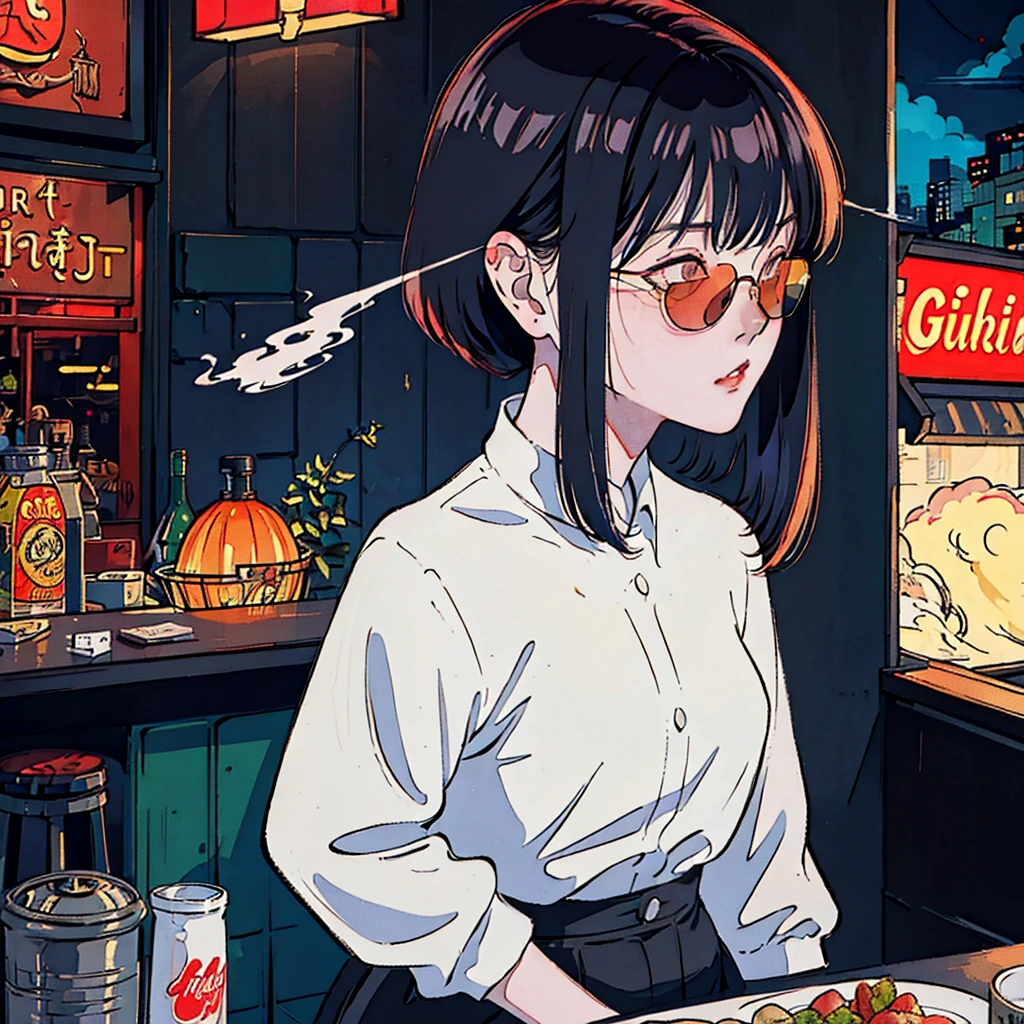 Beautiful redheaded Asian girl sitting alone in a diner at night, Visible from the window, Perfect Face, sunglasses, Smoke a cigarette, Neon Black, (Backlight: 1.1), Hard Shadows, masterpiece, Highest quality, Complex, Model shooting style, Vintage, Film Grain,Hold a cigarette,cigarette