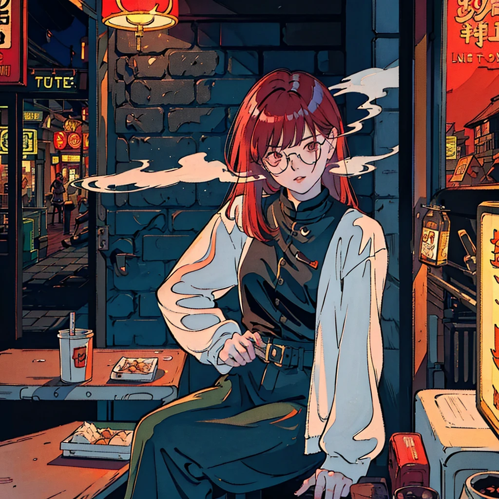 Beautiful redheaded Asian girl sitting alone in a diner at night, Visible from the window, Perfect Face, sunglasses, Smoke a cigarette, Neon Black, (Backlight: 1.1), Hard Shadows, masterpiece, Highest quality, Complex, Model shooting style, Vintage, Film Grain,Hold a cigarette,cigarette