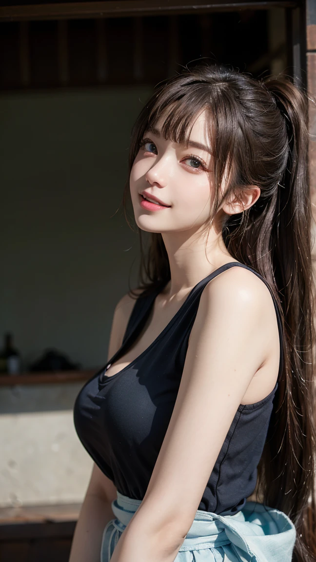(((masterpiece, 1 beautiful girl, Detailed eyes, Swollen eyes, Highest quality, 超High resolution, (reality: 1.4), Light, Japanese, Trendy Korean cosmetics、Asian Beauties, Very very beautiful, Beautiful skins, Slender, Forward-facing body, (超reality的な), (High resolution), (8k), (Very detailed), ( Best illustrations), (Beautiful and detailed eyes), (Ultra-detailed), (wallpaper), Detailed face, Bright lighting, Professional Lighting, Looking at the audience, Look straight ahead、Pixie Cut、Neat and clean clothing、The background is a bit blurred、Hair color is black、Hair color is partly bright blue、Japanese 、、Great smile、Eye color is brown、huge 、ponytail))), BREAK One Girl, solo,((Brown Hair:1.5)), reality的な, reality的な, Looking at the audience, ((Brown long hair:1.4)), Pink, lips, Outdoor, Upper body、Big eyes、Eyelashes、((Shining beautiful landscape))、(((Long hair with bangs、Shiny Blonde、Big eyes、large full chest、Intensely accentuates the eyes、Staring at the audience、Beautiful beauty、Listen carefully、Long neck、Smile a little、Please close your mouth and laugh、Ideal body proportions)))、{huge|big|hugeな|Mega} chest, chestの谷間、(((Naughty expression、Watery eyes、Looking up、Sexy pose:1.2))), BREAK absurdres, highres, ultra detailed, BREAK (1girl:1.3), __hair-female-short__, BREAK from front, BREAK cityscape, Cowboy Shot, thigh:1.2, t-shirt:1.2, Hot Pants:1.2,