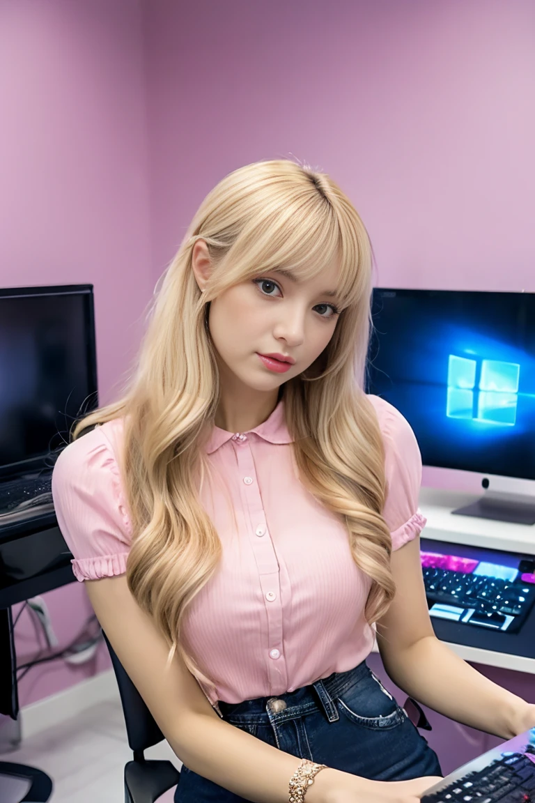 Dans une jolie chambre aux couleurs pastel, an 18 year old blond long-haired gyaru girl sits in front of a computer. She is wearing a pink ruffled blouse and short denim pants.. Elle a une expression confuse, inclinant la tête face à un message d'error at'screen. Des peluches et des affiches l’entourent, create a cute, Ambiance chambre girly,(Chef-d'premium photorealistic artwork: 1.4), (Photo RAW ultra haute résolution: 1.3), (Yeux clairs symétriques haute résolution: 1.3), Fille japonaise 1 Nom, chienne, poussin, 18 ans, (dark purple eyeshadow cheeks: 1.3) ), (blond eyebrows: 1.2), blond, chienne, Red lips, (big neckline: 1.2),( Angle de courbure: 1.1),CASSER, (beautiful detailed background: 1.2)