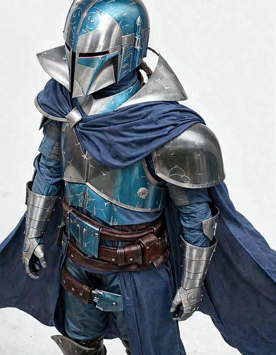 a close up of a person wearing a helmet and a cape, arcane wizard x boba fett, in opal armor, blue armor, pale blue armor, flowing robes and leather armor, blue and ice silver color armor, but the armor covers her face, dressed in light armor, wearing heavy armor with cape, full portrait of magical knight, with a light leather armor
