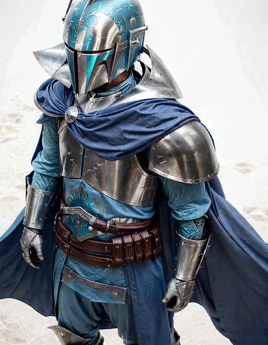 a close up of a person wearing a helmet and a cape, arcane wizard x boba fett, in opal armor, blue armor, pale blue armor, flowing robes and leather armor, blue and ice silver color armor, but the armor covers her face, dressed in light armor, wearing heavy armor with cape, full portrait of magical knight, with a light leather armor