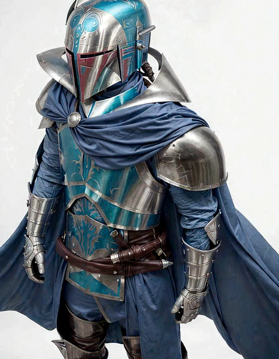 a close up of a person wearing a helmet and a cape, arcane wizard x boba fett, in opal armor, blue armor, pale blue armor, flowing robes and leather armor, blue and ice silver color armor, but the armor covers her face, dressed in light armor, wearing heavy armor with cape, full portrait of magical knight, with a light leather armor