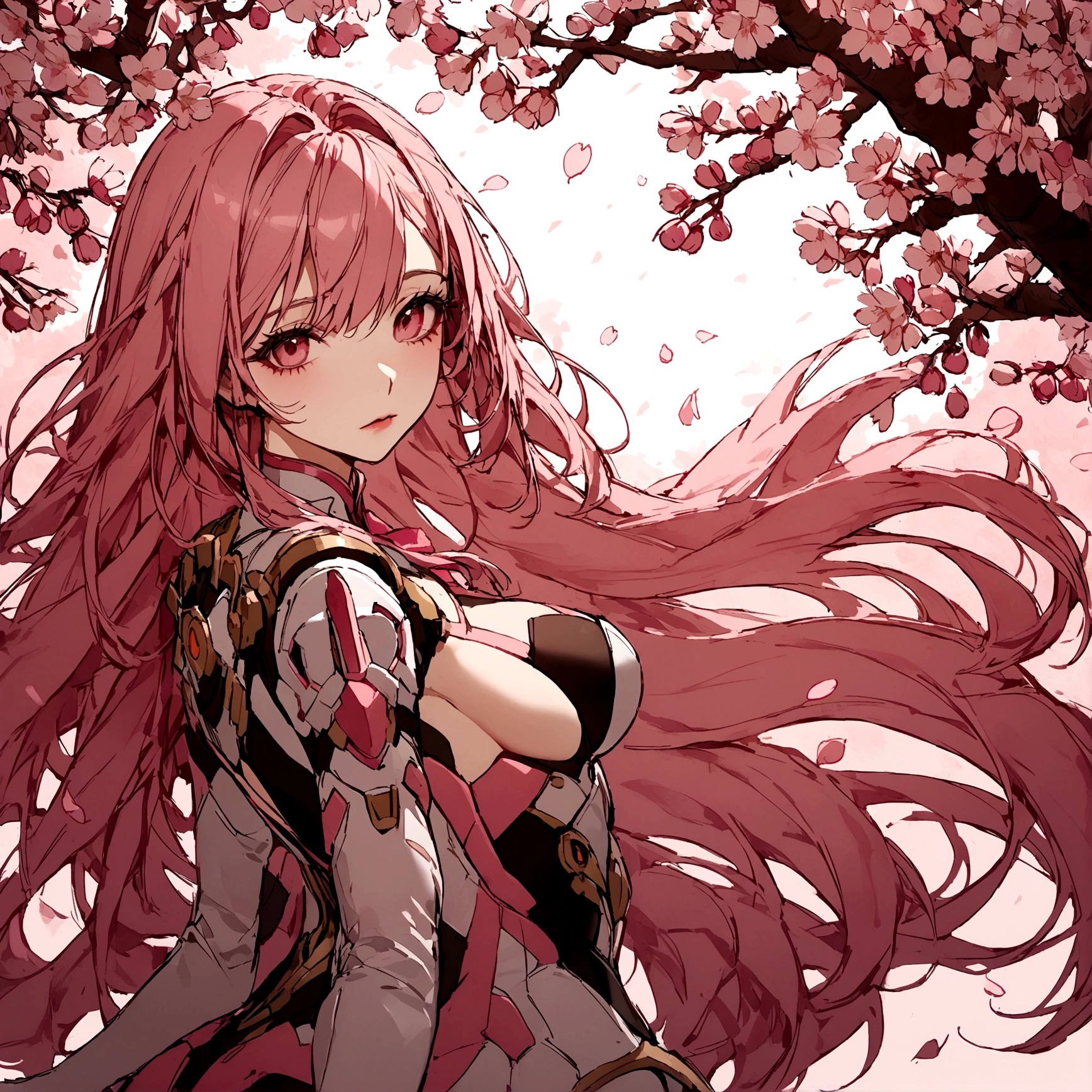 Pink mercy with long hair from overwatch surrounded by cherry blossoms in flight