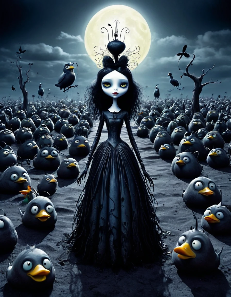 A nightmare dream, with fantastic animals, gatos, peces, insectos, escarabajos y patos, con el estilo de Tim Burton y el surrealismo.